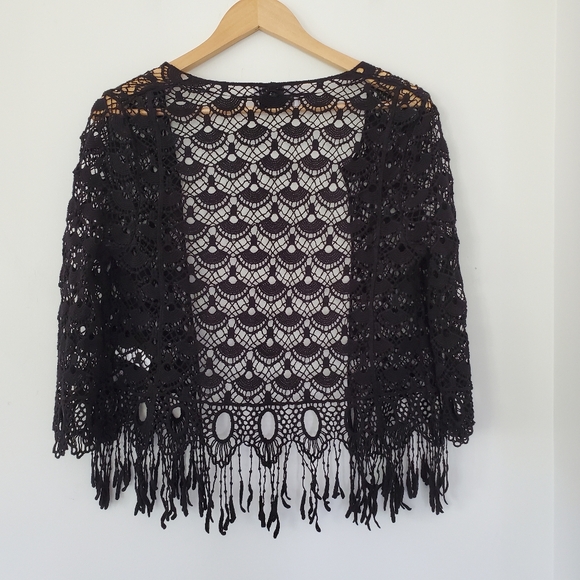 NWOT Sz XS Black Open Crochet Knit Open Style Cardigan Fringe 3/4 Sleeve BOHO - Picture 12 of 15
